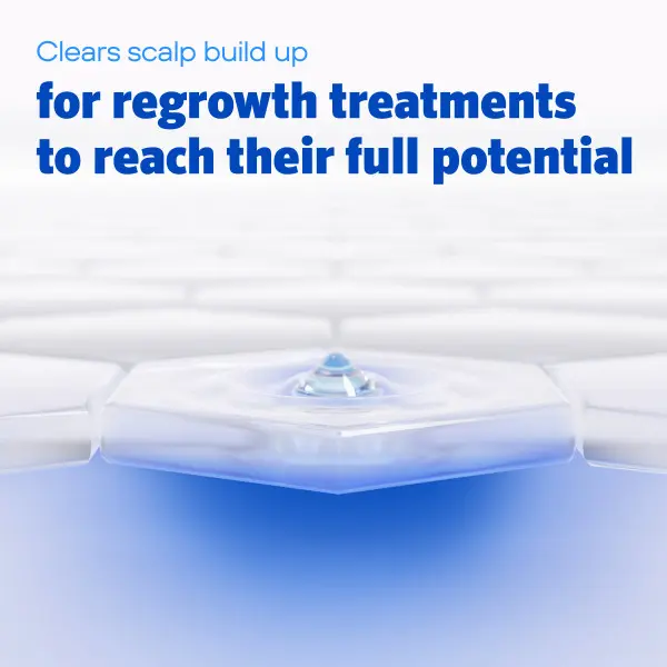 Hexagonal skin cells with a water droplet. Text: Clears scalp build up for regrowth treatments. Hexagonal skin cells with a water droplet and Clears scalp build up for regrowth treatments