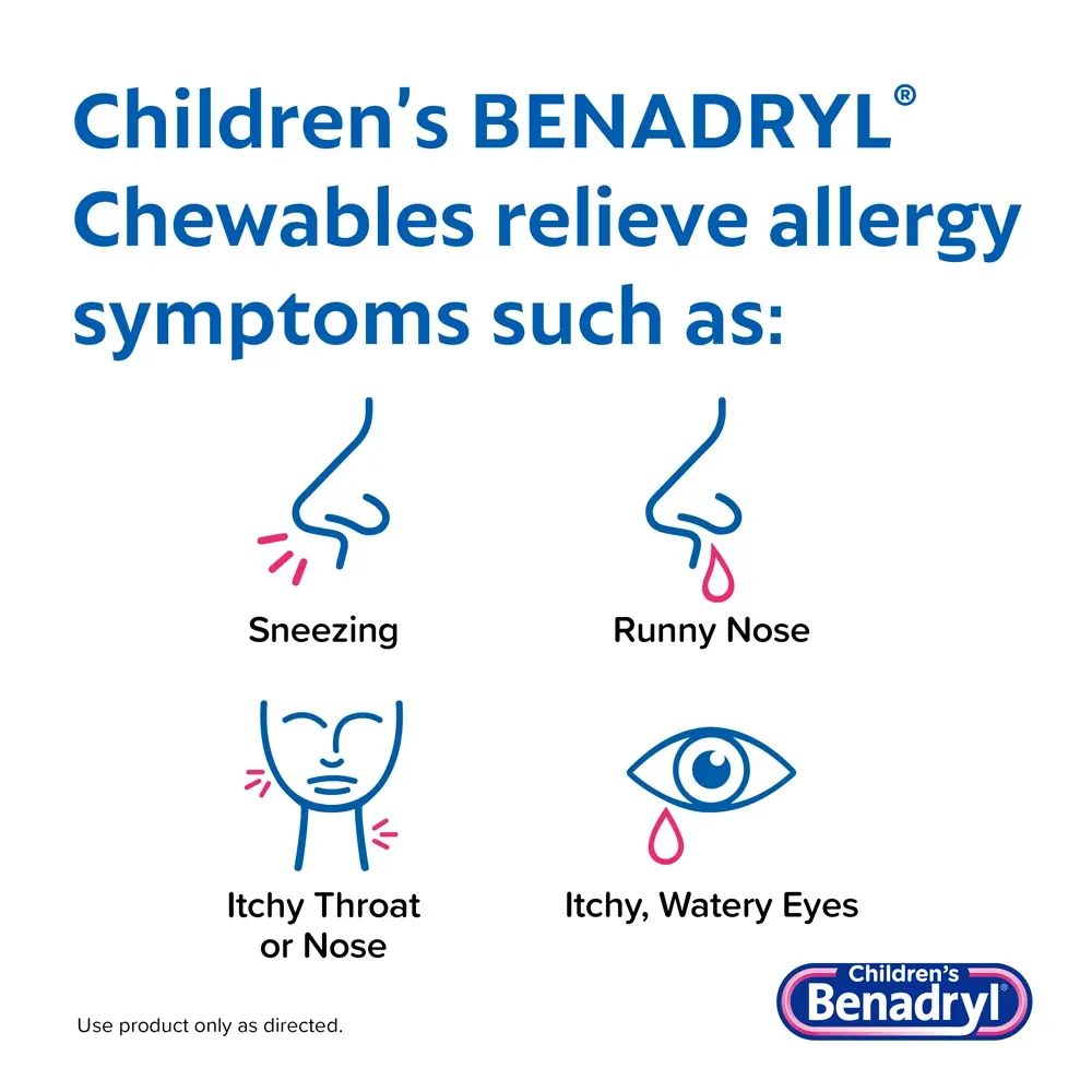 Children’s BENADRYL® Grape Flavored Chewable Tablets relieves symptoms such as sneezing, itchy watery eyes, runny nose, itchy throat or nose, and  congestion.