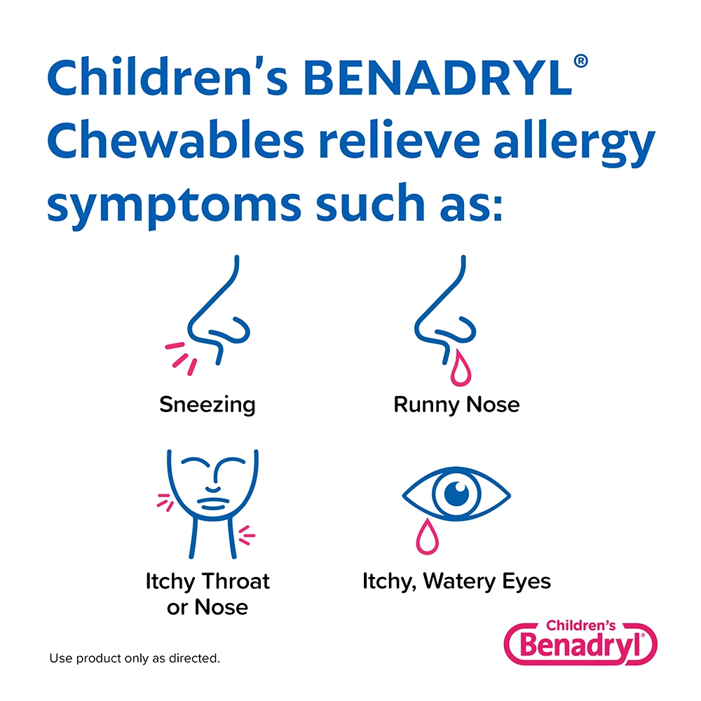 Children’s BENADRYL® Grape Flavored Chewable Tablets relieves symptoms such as sneezing, itchy watery eyes, runny nose, itchy throat or nose, and  congestion.