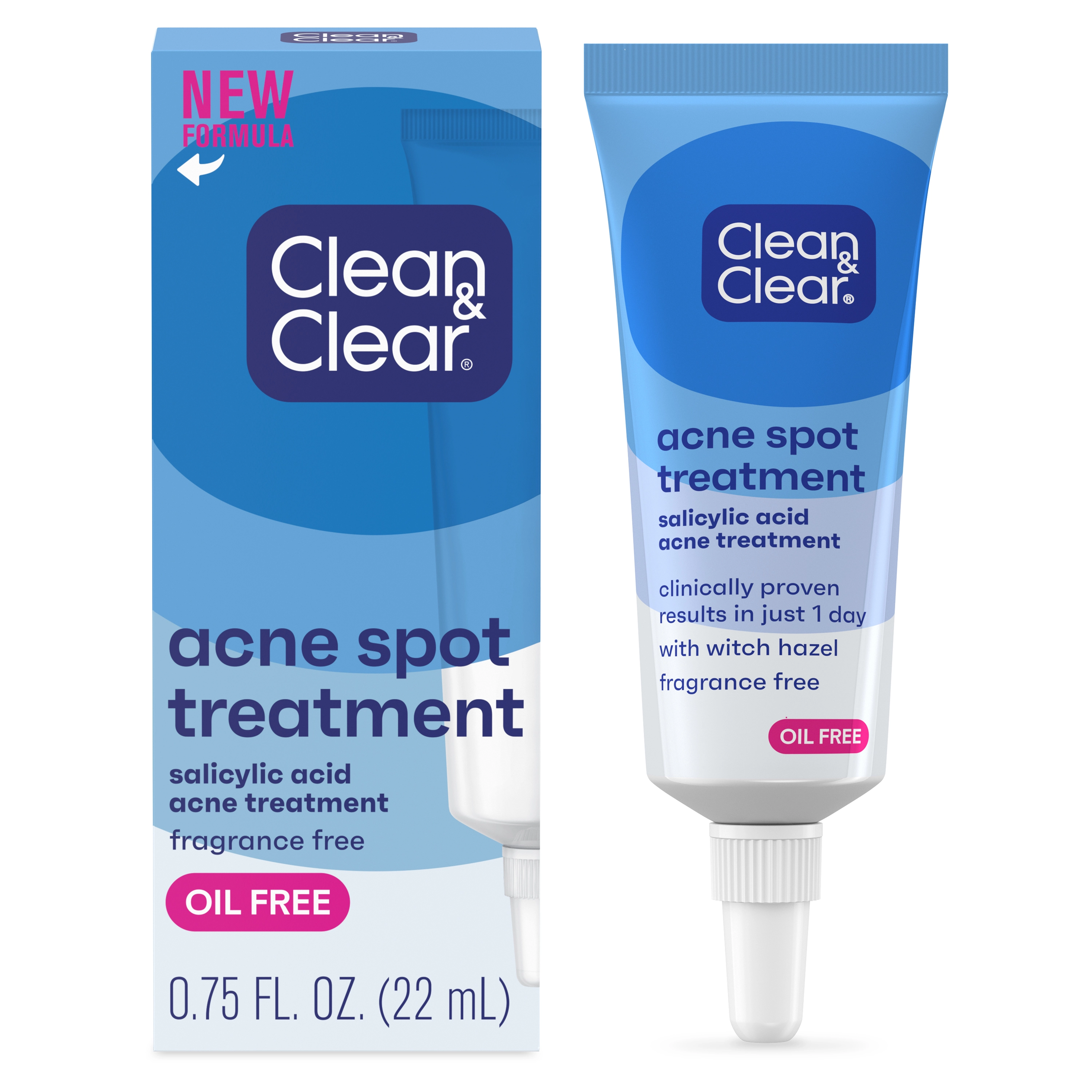 Tube of Clean & Clear acne spot treatment standing beside its box. Text: "NEW FORMULA, salicylic acid, fragrance-free, oil-free, 0.75 FL. OZ. (22 mL), with witch hazel, clinically proven results in just 1 day."