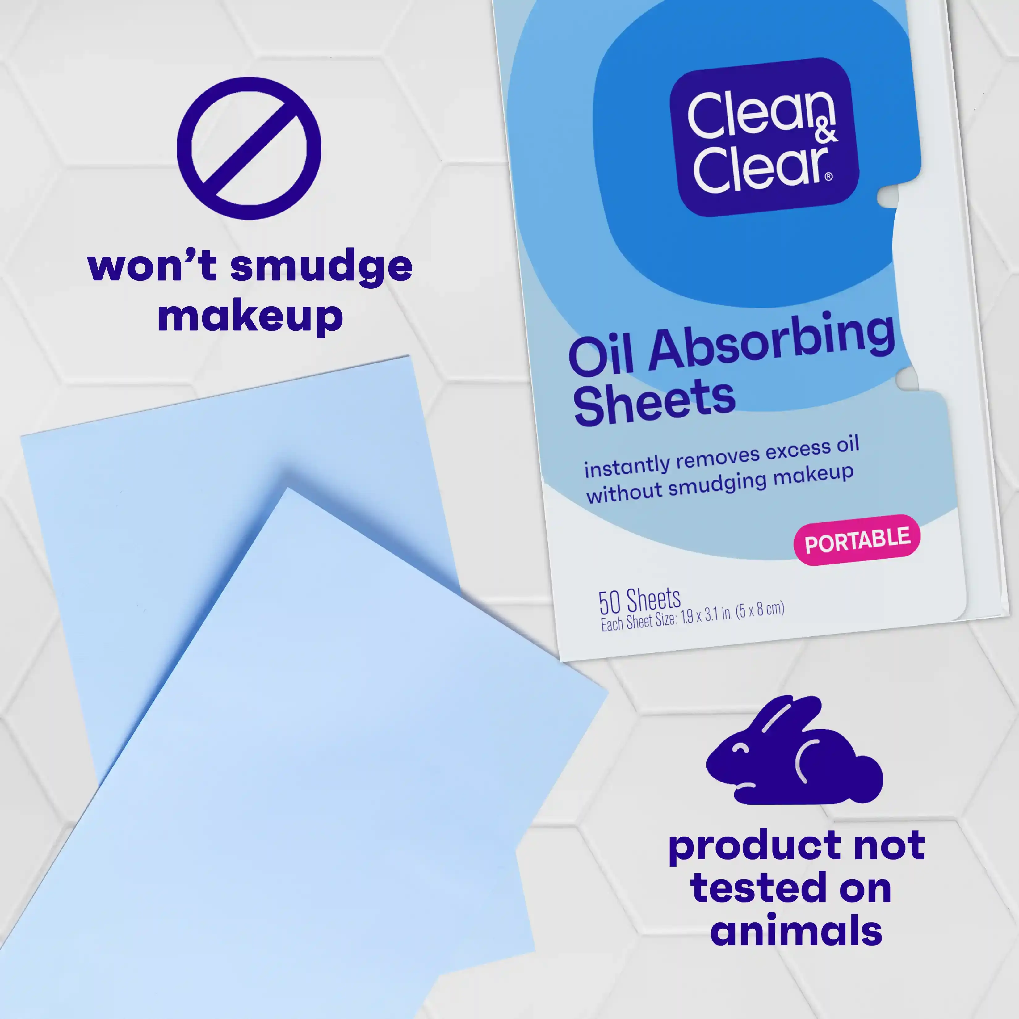 Clean & Clear® Oil Absorbing Sheets package, cruelty-free formula not tested on animals