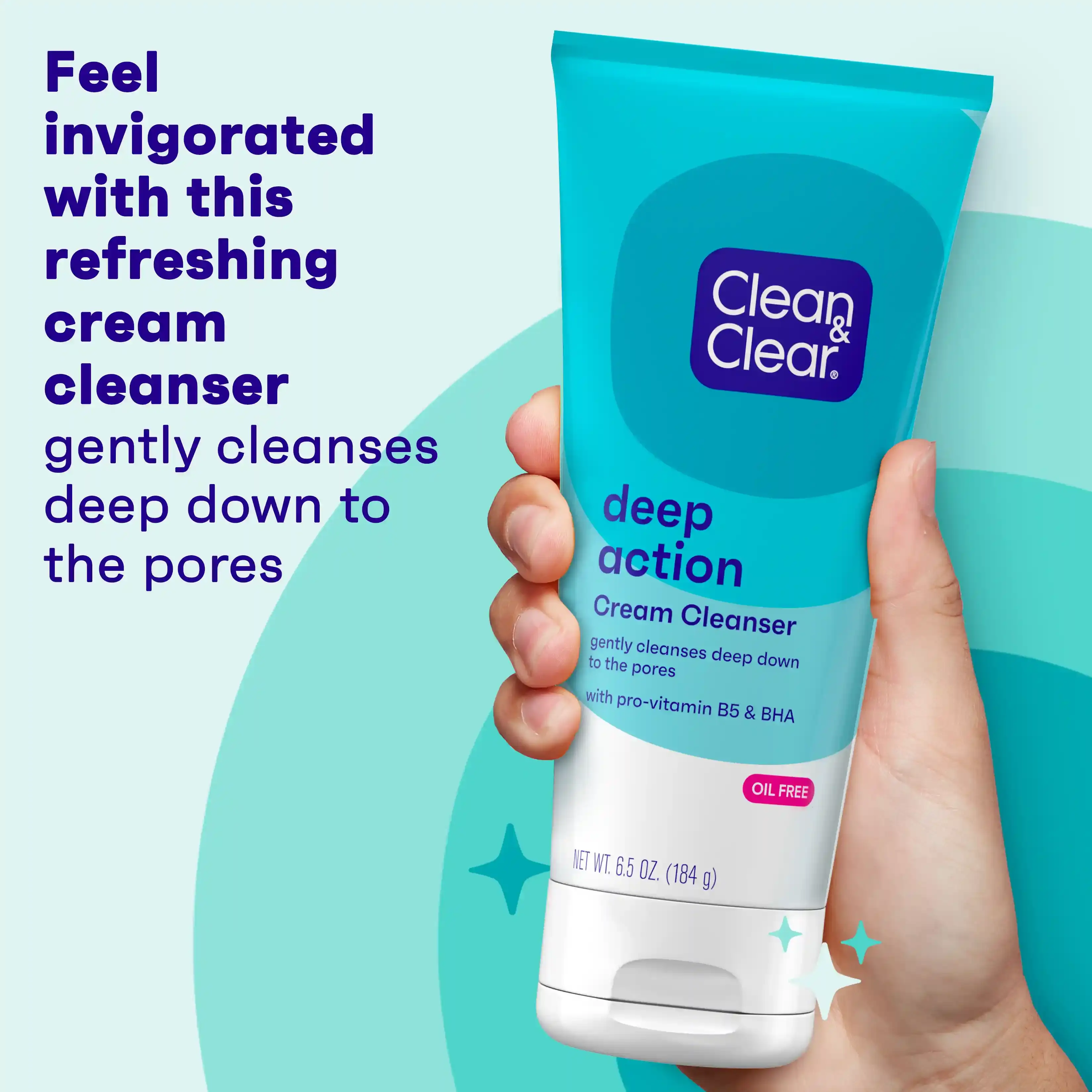 Hand holding Clean & Clear® Deep Action Cream Cleanser tube, oil-free formula that cleanses pores