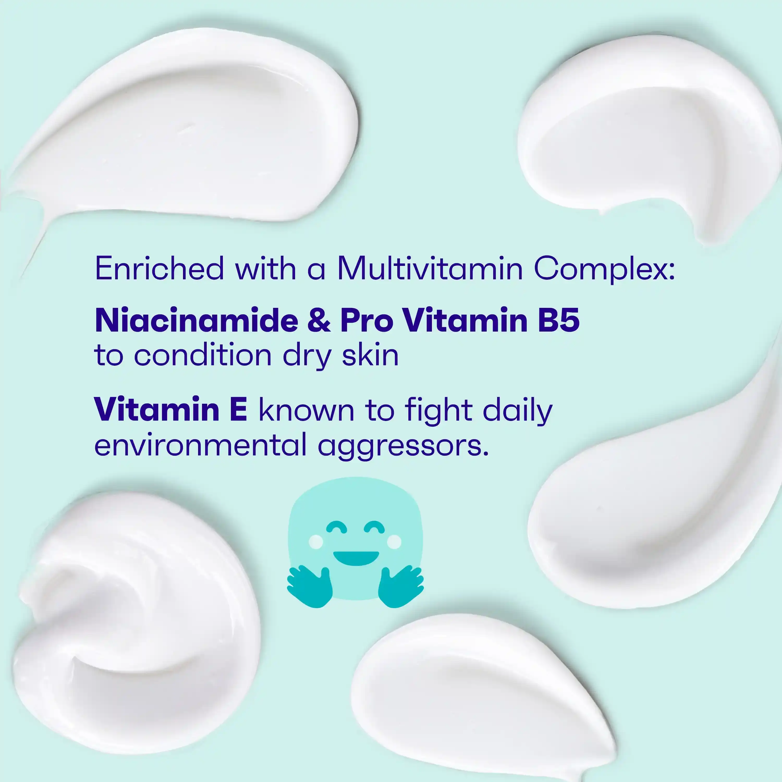 Enriched with a multivitamin complex: Niacinamide & Pro Vitamin B5 to condition dry skin. Vitamin E known to fight daily environment aggressors