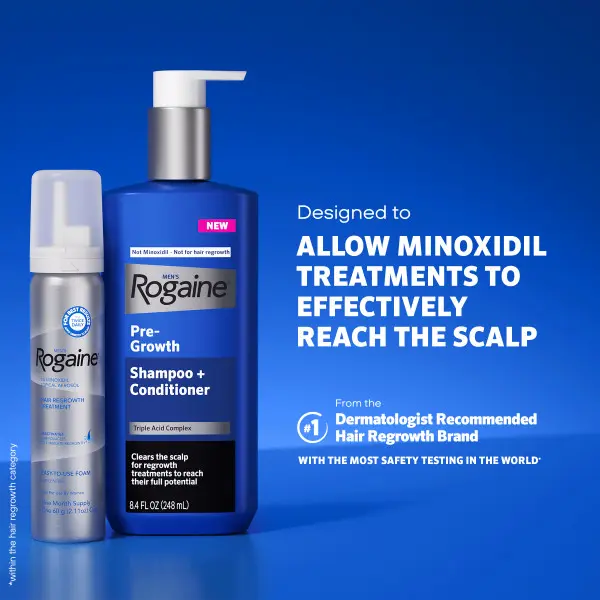 ROGAINE® Pre-Growth Shampoo and Minoxidil Foam on a blue background designed to help reach the scalp. ROGAINE® Pre-Growth Shampoo and Minoxidil Foam on a blue background designed to help reach the scalp.