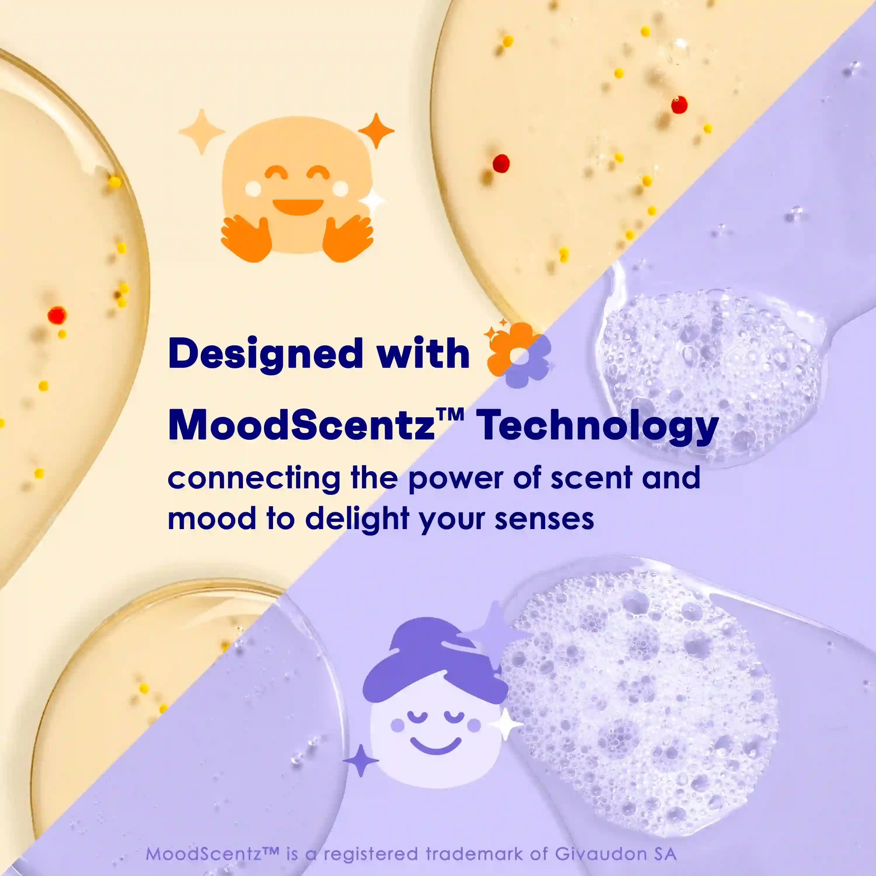 Bubbles and droplets in beige and lavender hues merge diagonally. Text: “Designed with MoodScentz™ Technology connecting the power of scent and mood to delight your senses.” MoodScentz™ is trademarked by Givaudan SA.