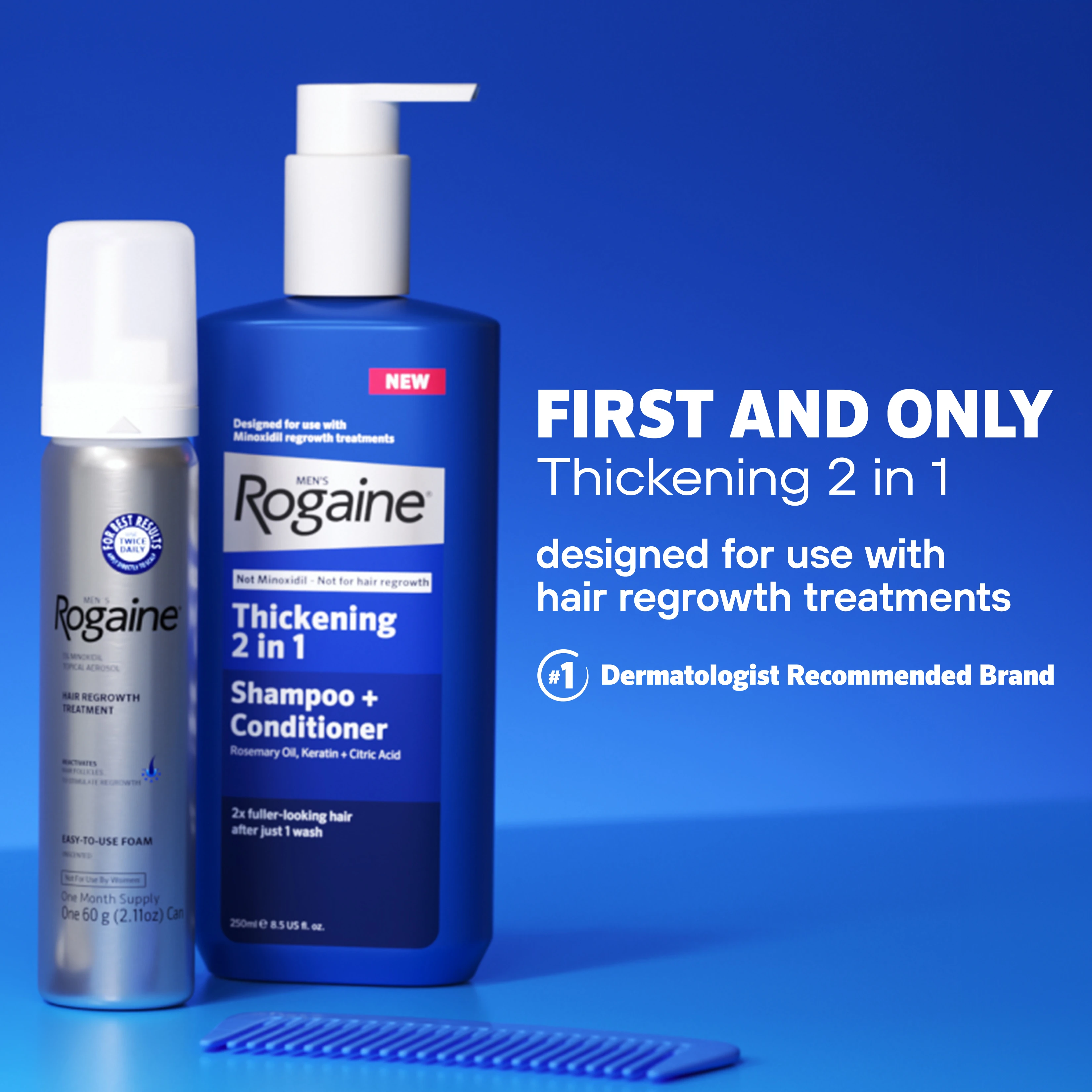 Men's Rogaine Foam Solution and Thickening 2 in 1 Men's Rogaine Foam Solution and Thickening 2 in 1 Shampoo + Conditioner on a blue background.