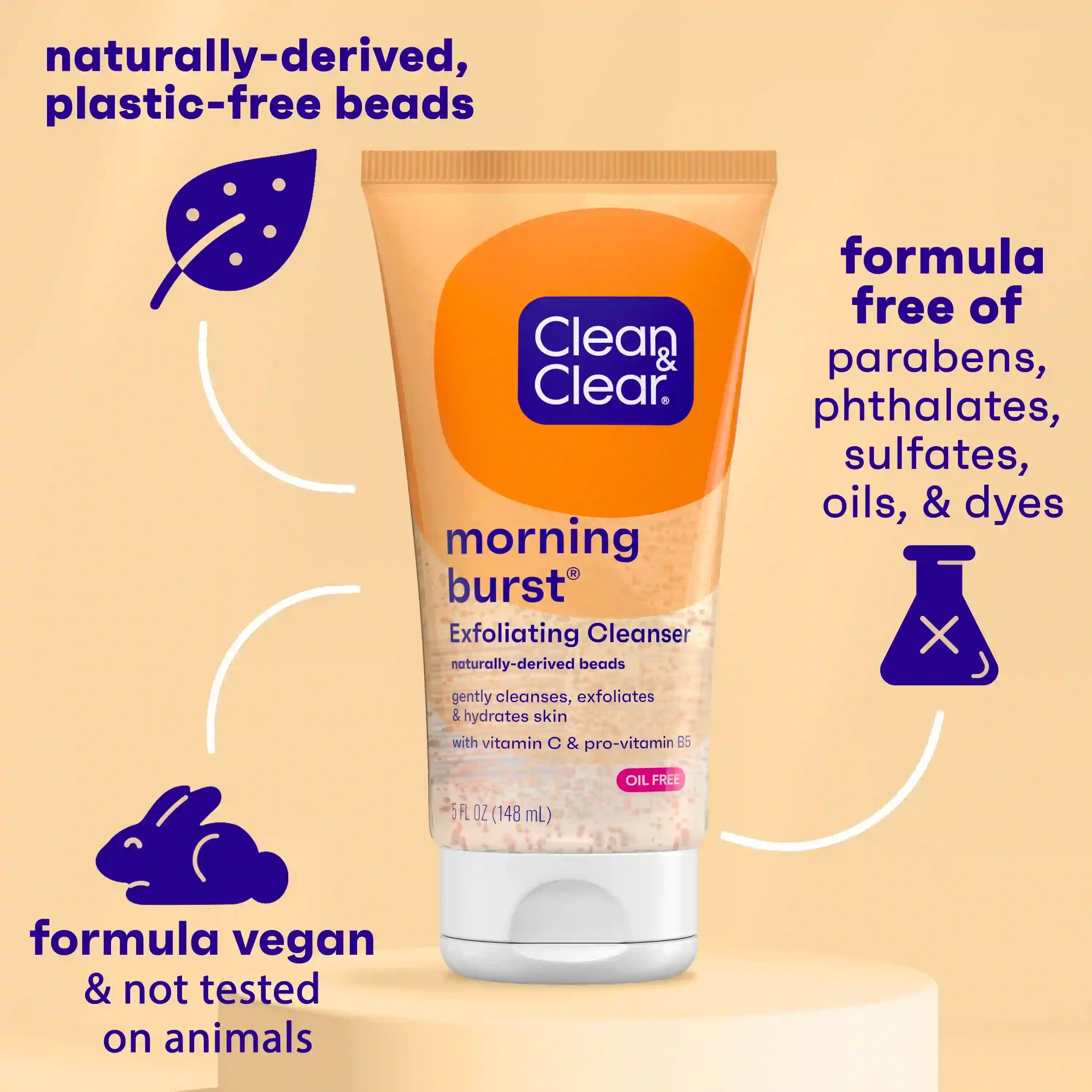 A Clear & Clean Morning Burst Exfoliating Cleanser tube stands on a surface. Text highlights features: "naturally-derived, plastic-free beads," "formula free of parabens, phthalates, sulfates, oils, & dyes," and "formula vegan & not tested on animals."