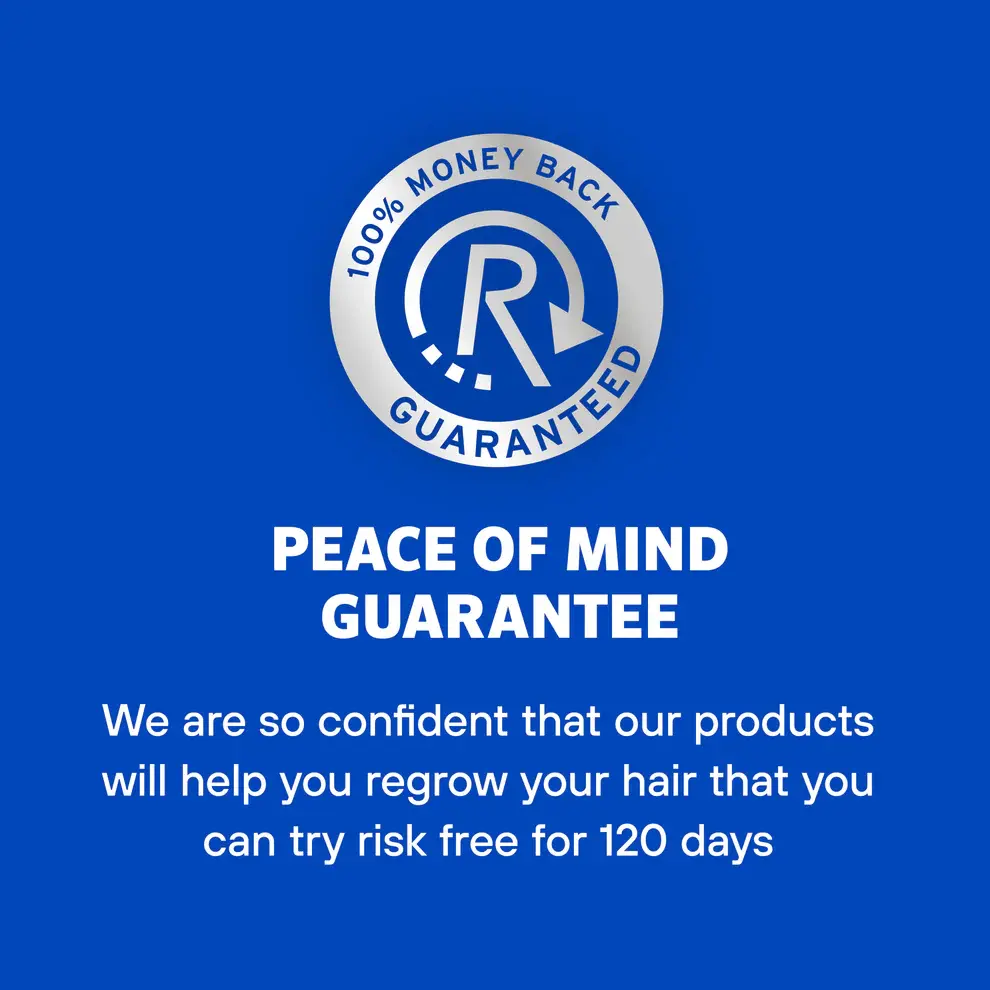 Rogaine’s peace of mind 100% money back guarantee on a blue background.