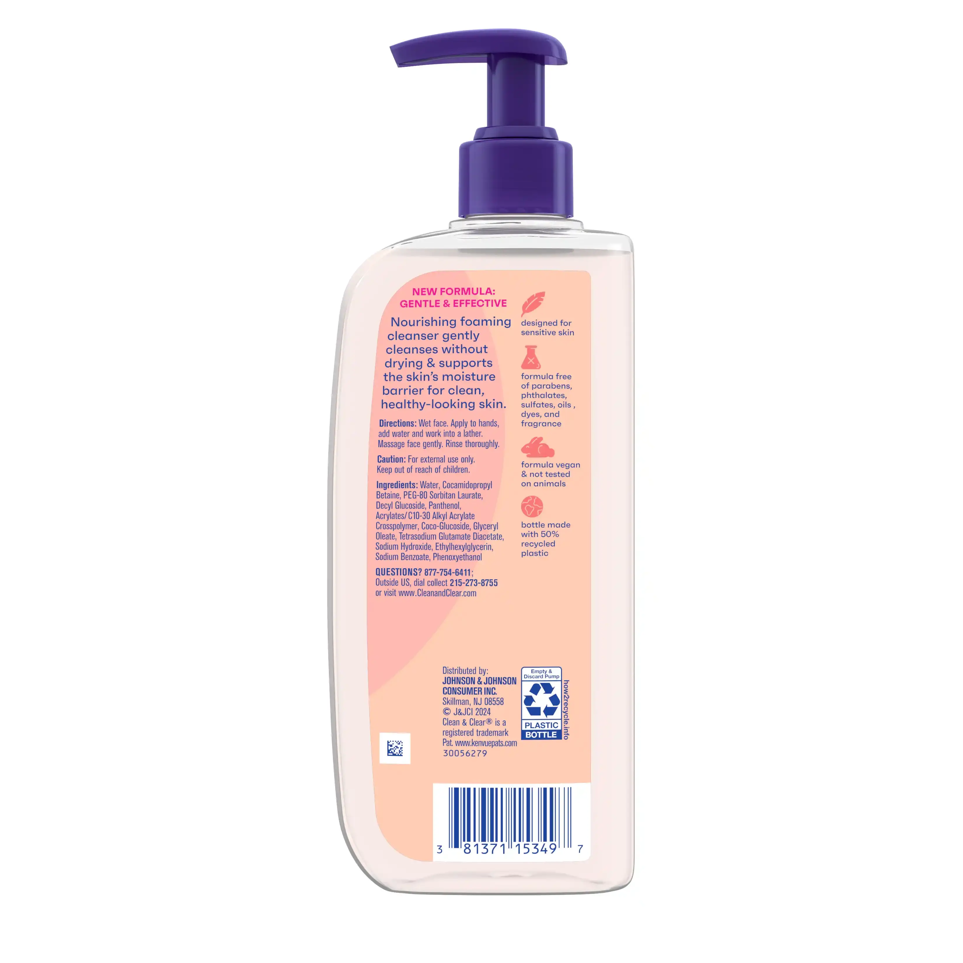 Clean & Clear® Essentials Sensitive Skin Foaming Facial Cleanser Back of Packaging