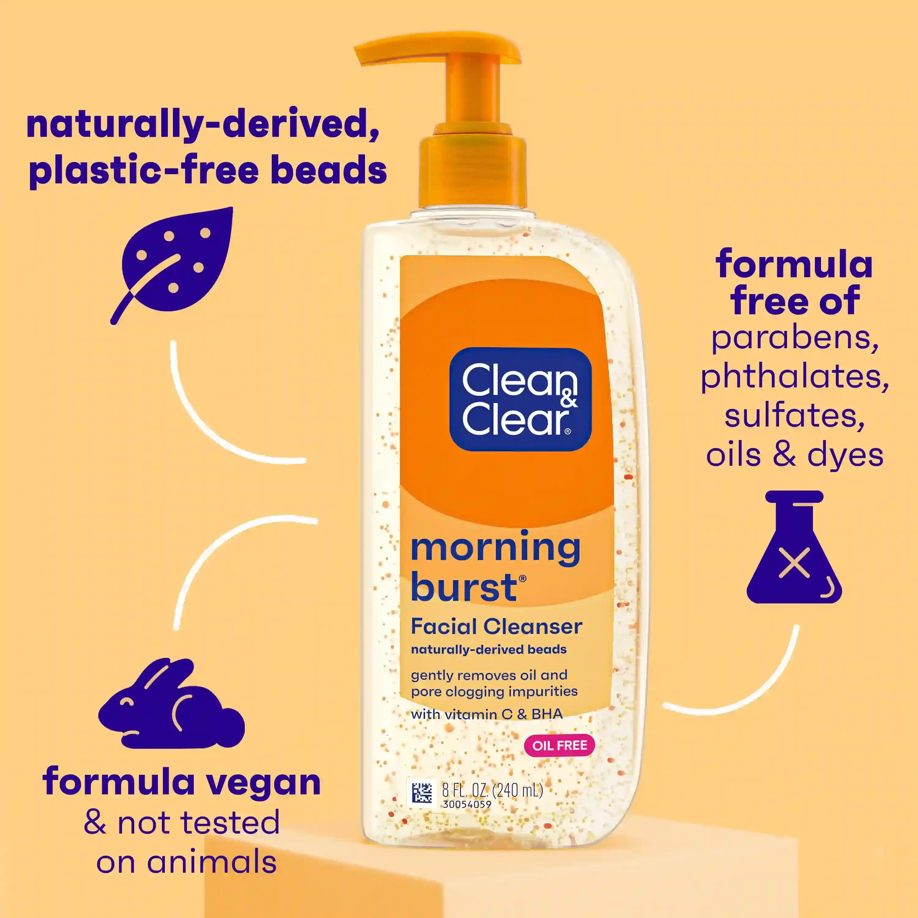 Clean & Clear Morning Burst Facial Cleanser bottle with pump contains naturally-derived beads, vegan formula, and is free of parabens, phthalates, sulfates, oils, and dyes. Text highlights key features.
