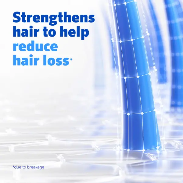 Macro view of a blue hair strand with a digital grid and Strengthens hair to help reduce loss Macro view of a blue hair strand with a digital grid and Strengthens hair to help reduce loss