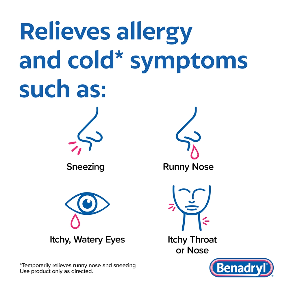 BENADRYL® Allergy Antihistamine Dye-Free LIQUI-GELS® relieves symptoms such as sneezing, itchy watery eyes, runny nose, itchy throat or nose.