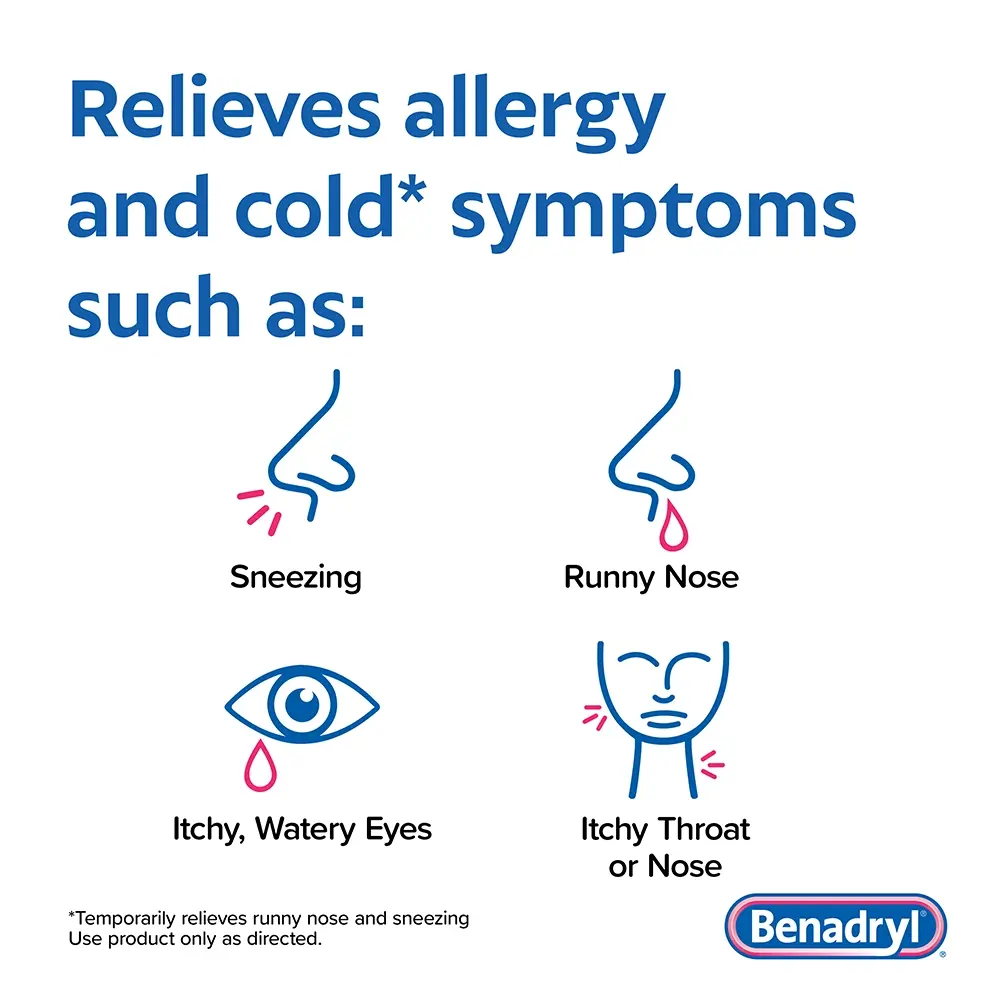 BENADRYL® Allergy Antihistamine Dye-Free LIQUI-GELS® relieves symptoms such as sneezing, itchy watery eyes, runny nose, itchy throat or nose.