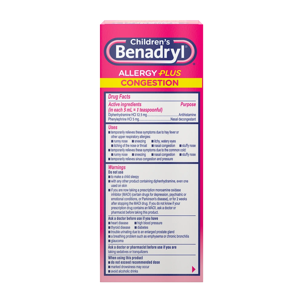 Children's BENADRYL® Allergy Plus Congestion Grape flavor package back
