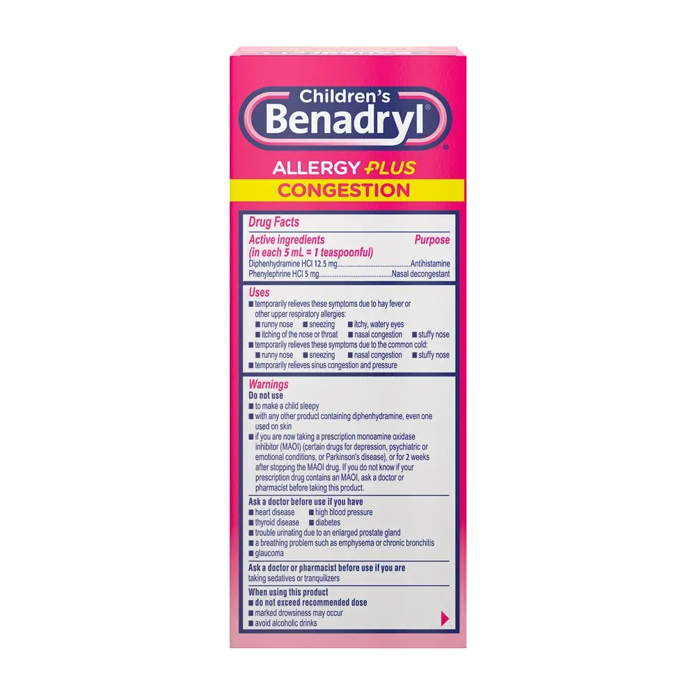 Children's BENADRYL® Allergy Plus Congestion Grape flavor package back