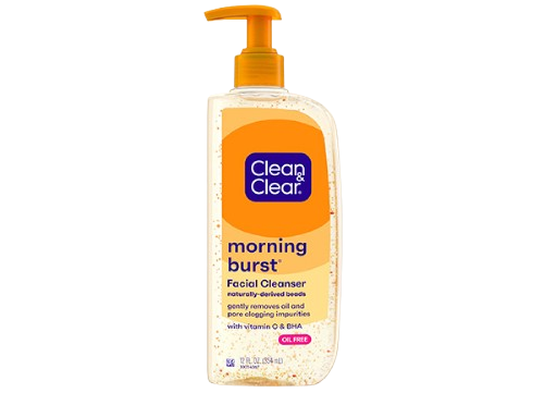 A clear bottle with an orange pump labeled "Clean & Clear morning burst Facial Cleanser" contains gel with beads, promising to gently remove oil and impurities. It is oil-free with vitamin C and ginseng.