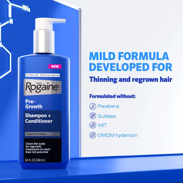 Men's ROGAINE® Pre-Growth Shampoo + Conditioner bottle on blue background with "Mild Formula" text. Men's ROGAINE® Pre-Growth Shampoo + Conditioner bottle on blue background with Mild Formula