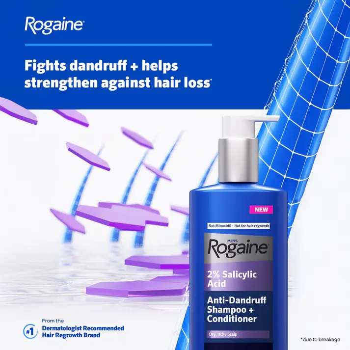 ROGAINE® anti-dandruff shampoo and minoxidil foam displayed with hair regrowth benefit claims ROGAINE® anti-dandruff shampoo and minoxidil foam displayed with hair regrowth benefit claims