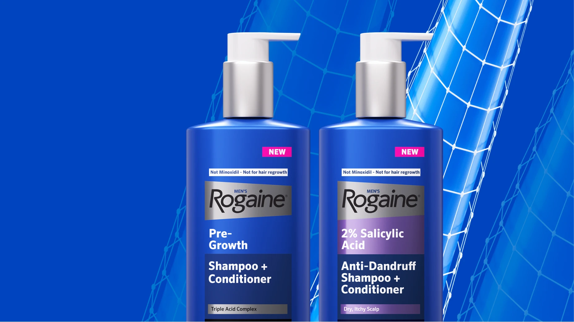 2 bottles of new Men's Rogaine shampoos on a blue background.