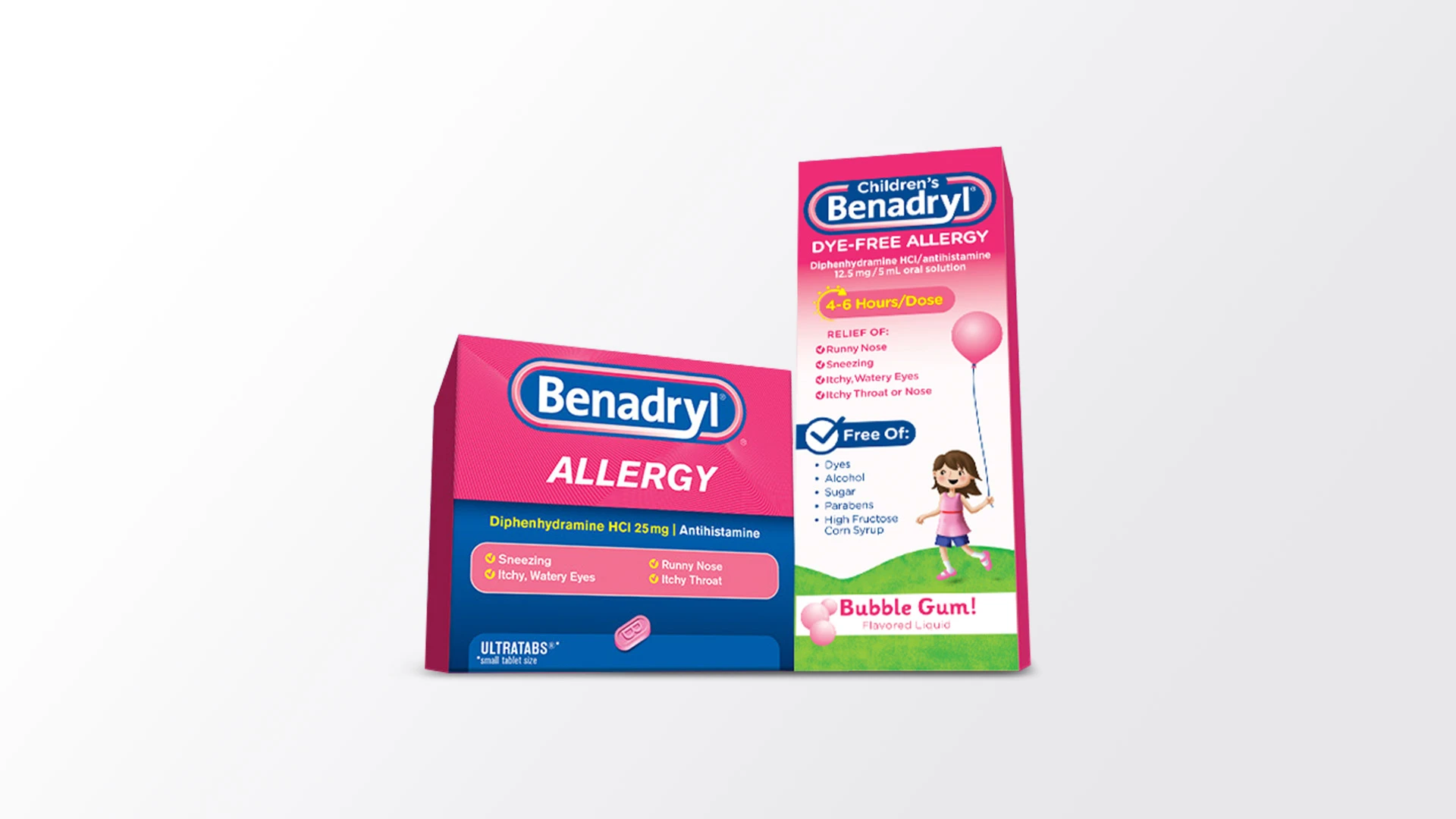 Benadryl coupon offers for allergy relief products, showing discount details and promotional information.