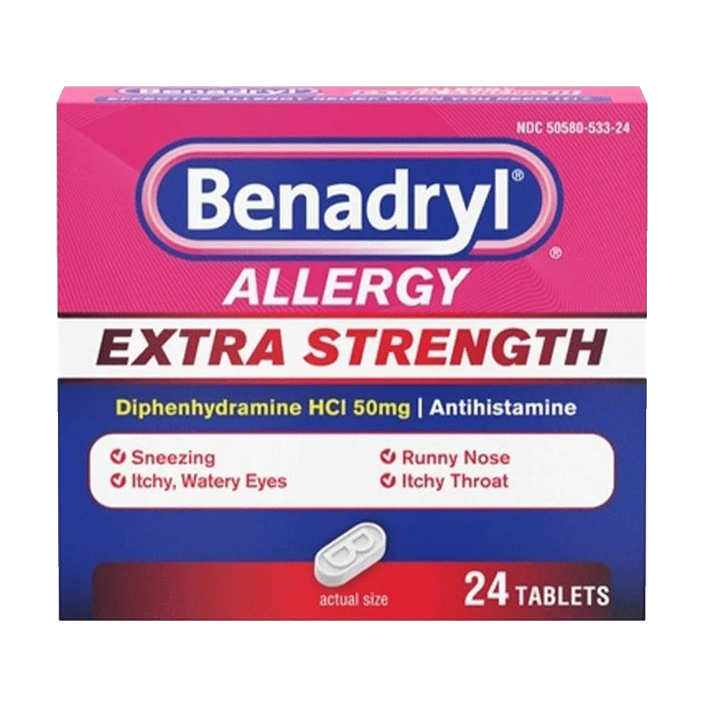 Front product pack shot of Benadryl Extra Strength allergy relief antihistamine medicine tablets