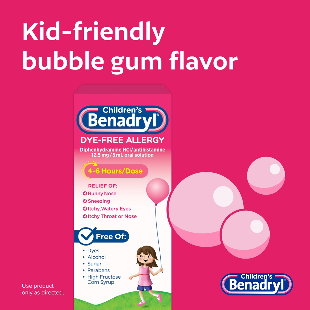 Children’s BENADRYL® Dye-Free Allergy Liquid bubble gum flavor box, indicating relief for runny nose, sneezing, itchy eyes, itchy throat or nose, and free of dyes, alcohol, sugar, parabens, and high fructose corn syrup.