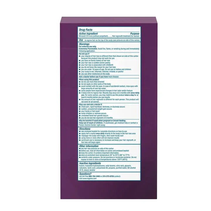 The back of a purple box of Women's ROGAINE® Foam displaying the drug facts.