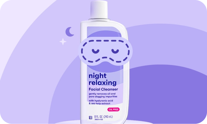 A bottle labeled "night relaxing Facial Cleanser" stands upright against a purple background with a crescent moon and star. The text describes its features, containing hyaluronic acid and sea kelp extract.