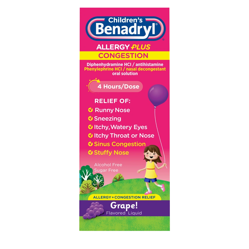 Children's BENADRYL® Allergy Plus Congestion Grape flavor  package front