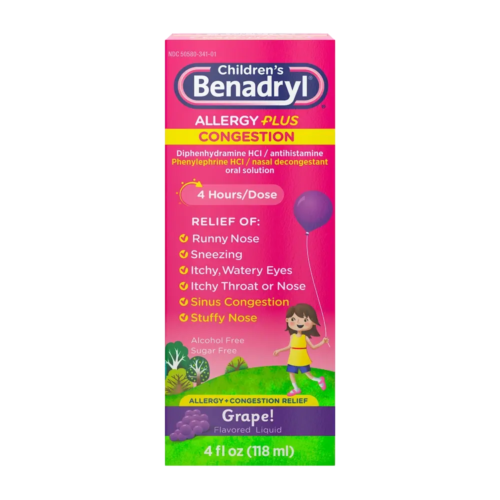 Children's BENADRYL® Allergy Plus Congestion Grape flavor  package front