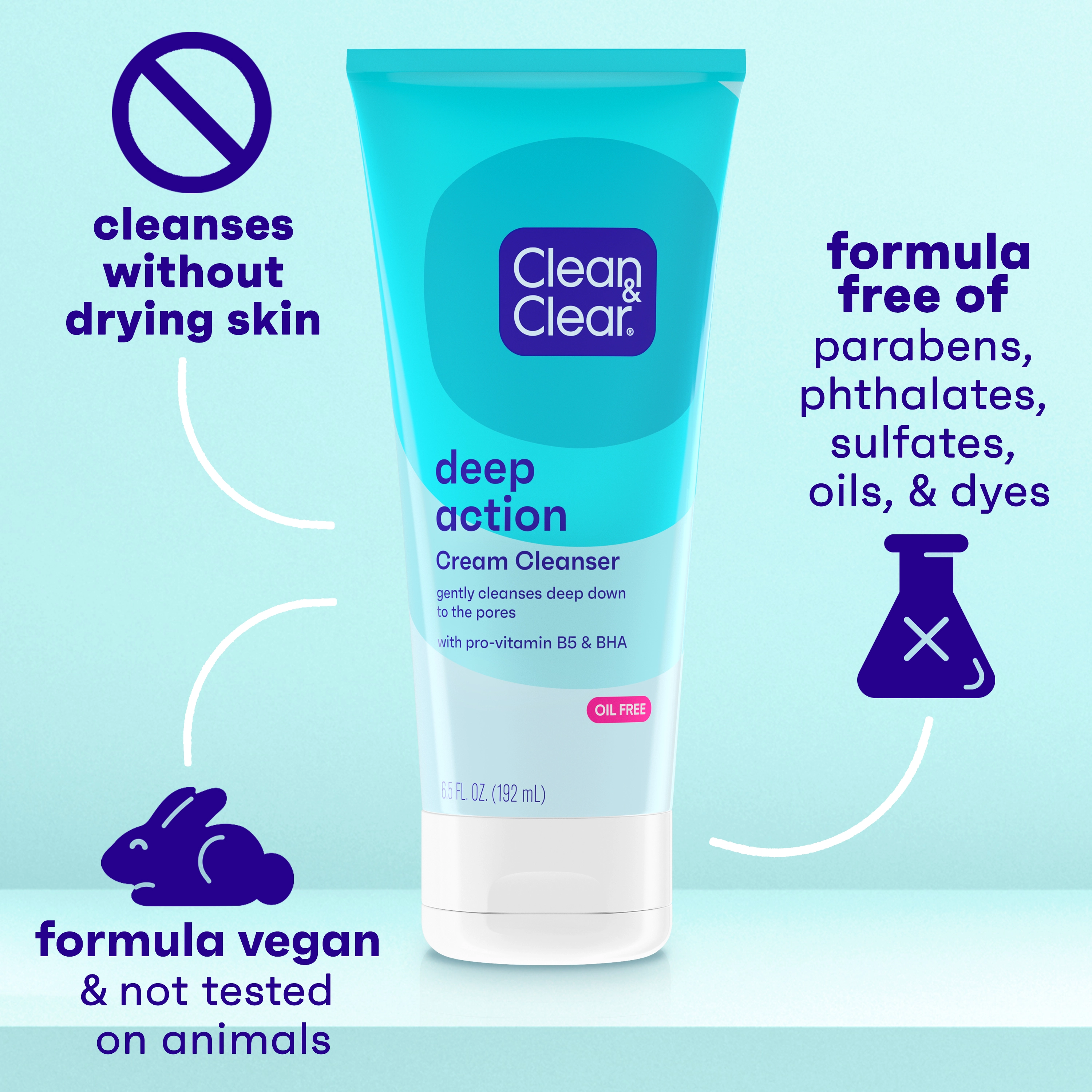 A tube of Clean & Clear Deep Action Cream Cleanser stands upright. It claims to cleanse without drying skin. The vegan formula is free of parabens, phthalates, sulfates, oils, and dyes.