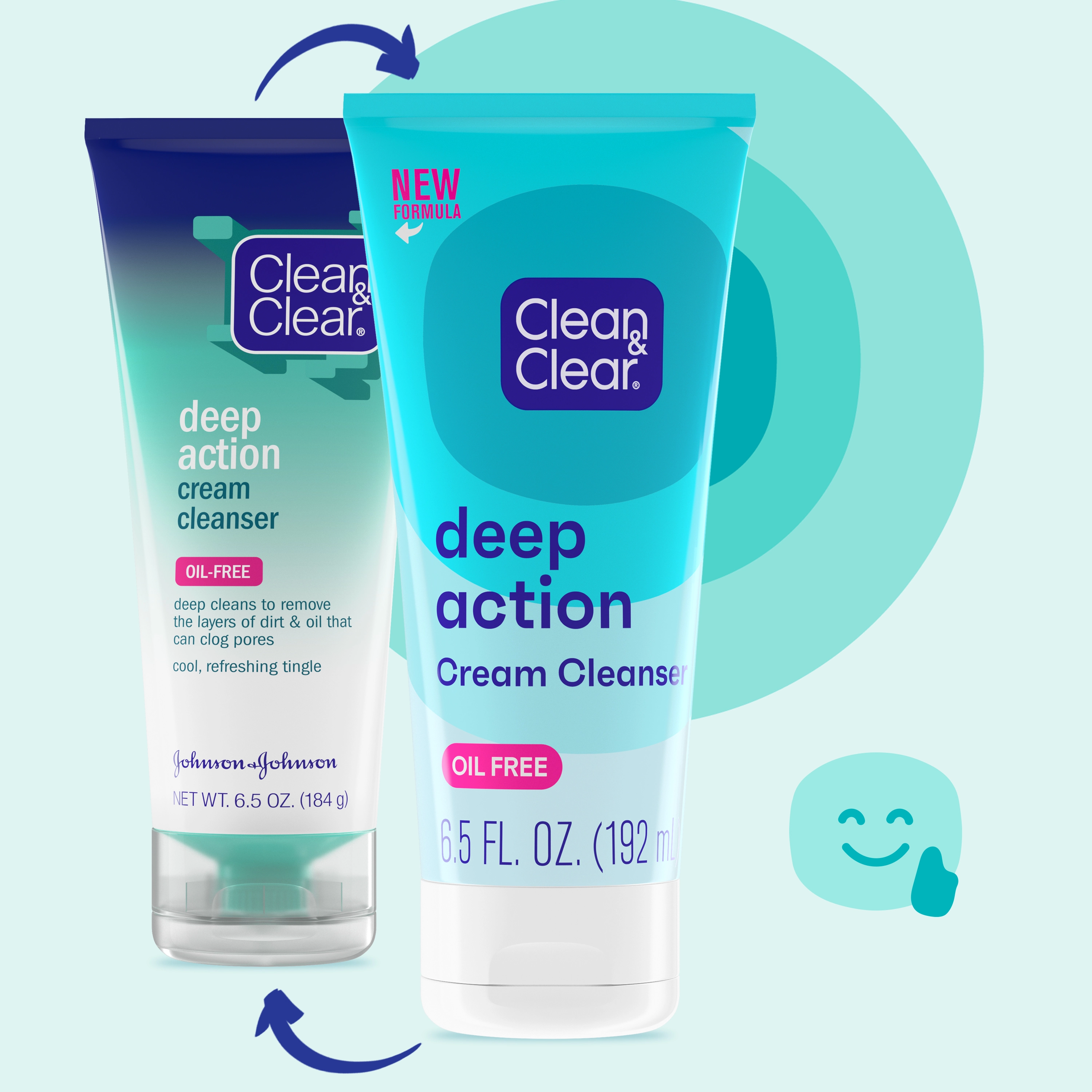 Two tubes with Clean & Clear branding are shown; the front one, marked "NEW FORMULA," highlights "deep action Cream Cleanser" as oil-free. Background features a curved arrow and a thumbs-up emoji.