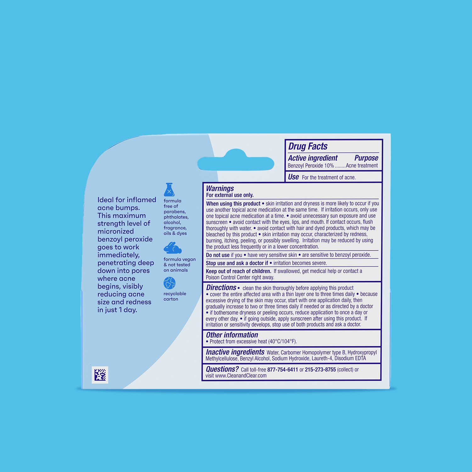 Close-up of the drug facts label for Clean & Clear Persa-Gel® 10, detailing active ingredients, usage instructions, and safety information for acne treatment.