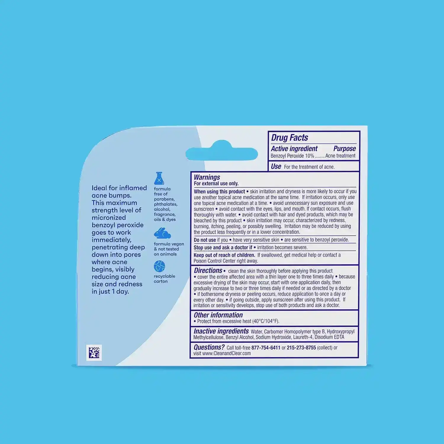 Close-up of the drug facts label for Clean & Clear Persa-Gel® 10, detailing active ingredients, usage instructions, and safety information for acne treatment.