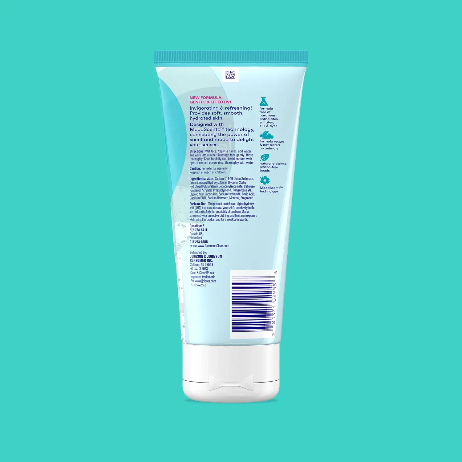 A light blue tube of skincare product with detailed text on the back describing its gentle and refreshing formula using MoodScentz™ technology. Distributed by Johnson & Johnson Consumer Inc.