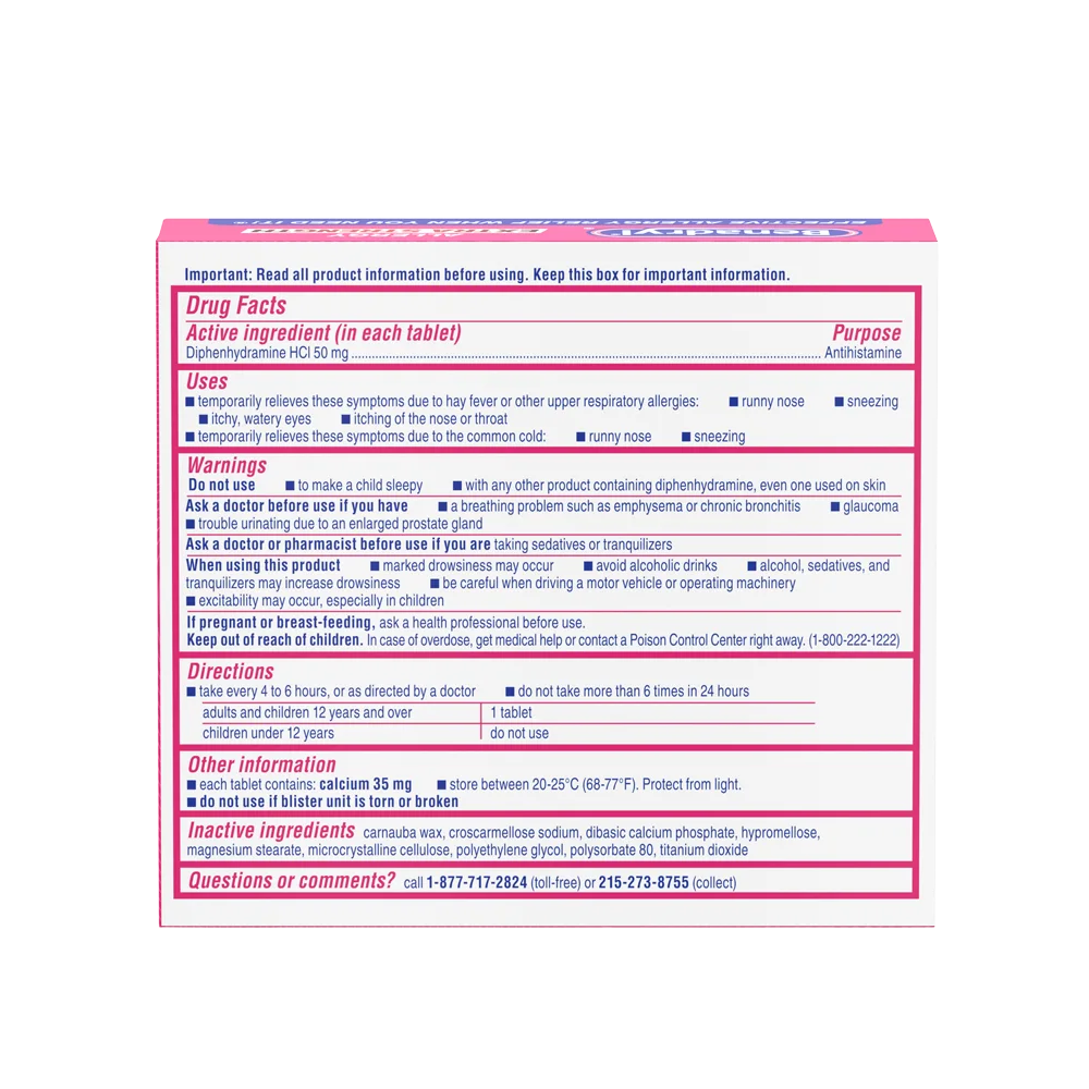 BENADRYL® Extra Strength Tablets package back