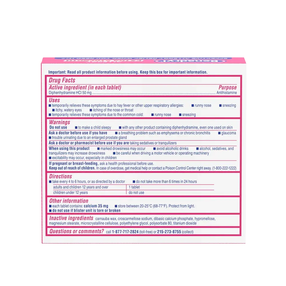 BENADRYL® Extra Strength Tablets package back