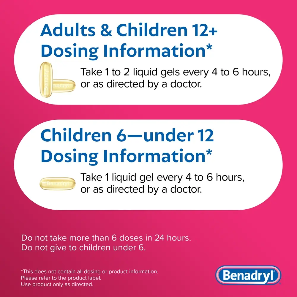BENADRYL® Allergy Antihistamine Dye-Free LIQUI-GELS® dosing information
