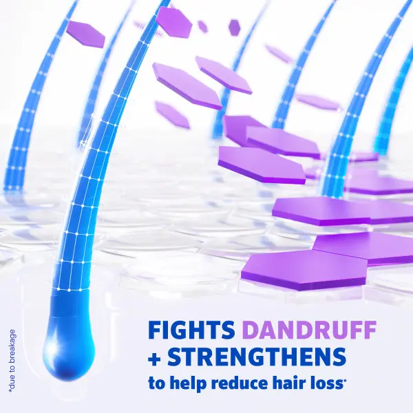 An illustration of blue hair fibers being strengthened by purple hexagons to reduce hair loss An illustration of blue hair fibers being strengthened by purple hexagons to reduce hair loss