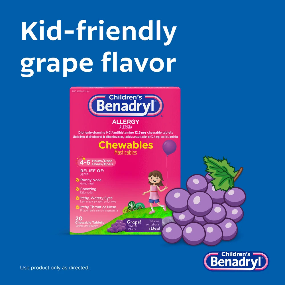 Children’s BENADRYL® Grape Flavored Chewable Tablets, relief for runny nose, sneezing, itchy watery eyes, itchy throat or nose. Kid-friendly.