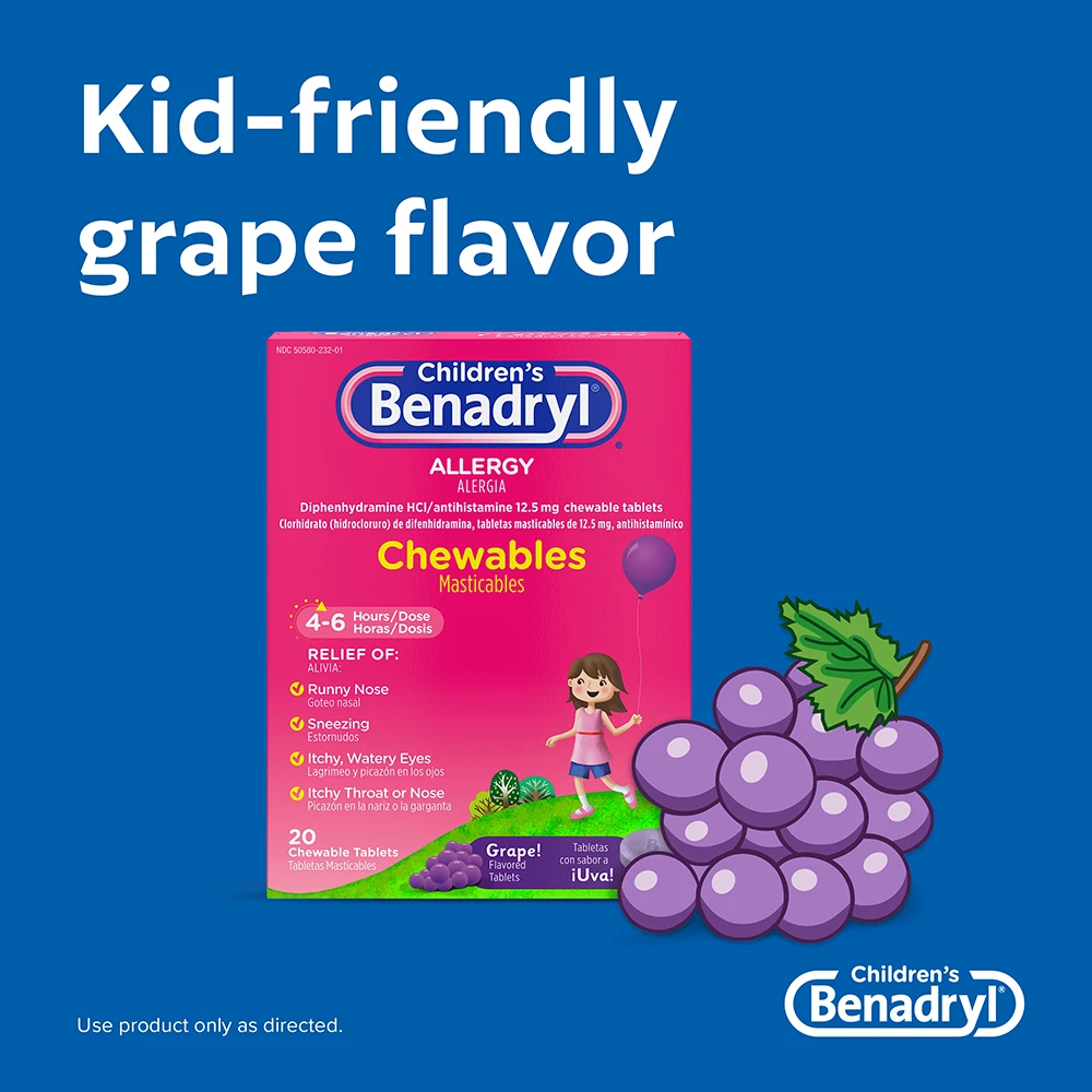 Children’s BENADRYL® Grape Flavored Chewable Tablets, relief for runny nose, sneezing, itchy watery eyes, itchy throat or nose. Kid-friendly.