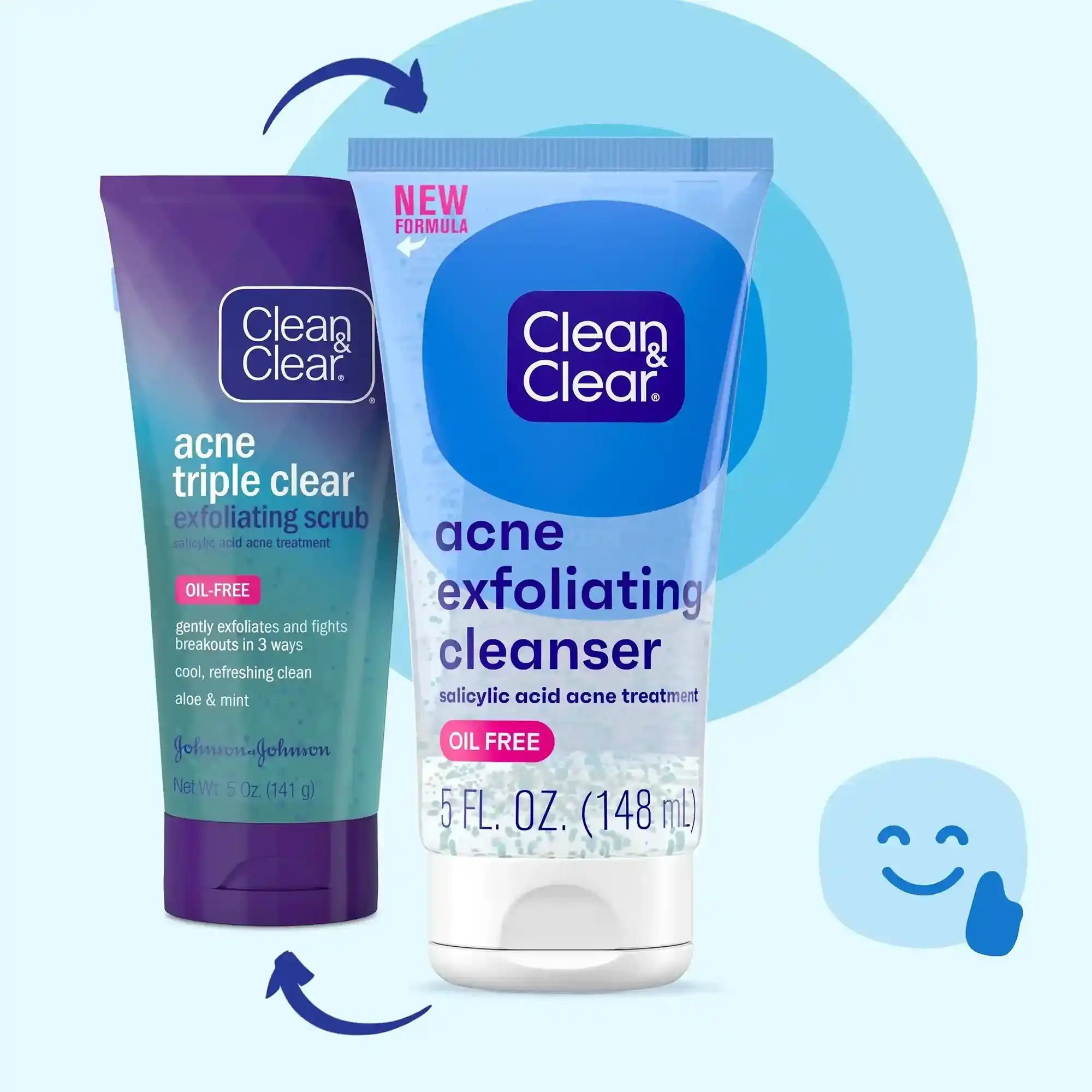 Two Clean & Clear products are displayed: "Acne Triple Clear Exfoliating Scrub" and "Acne Exfoliating Cleanser" with salicylic acid. The cleanser highlights a "NEW FORMULA" and both are oil-free.