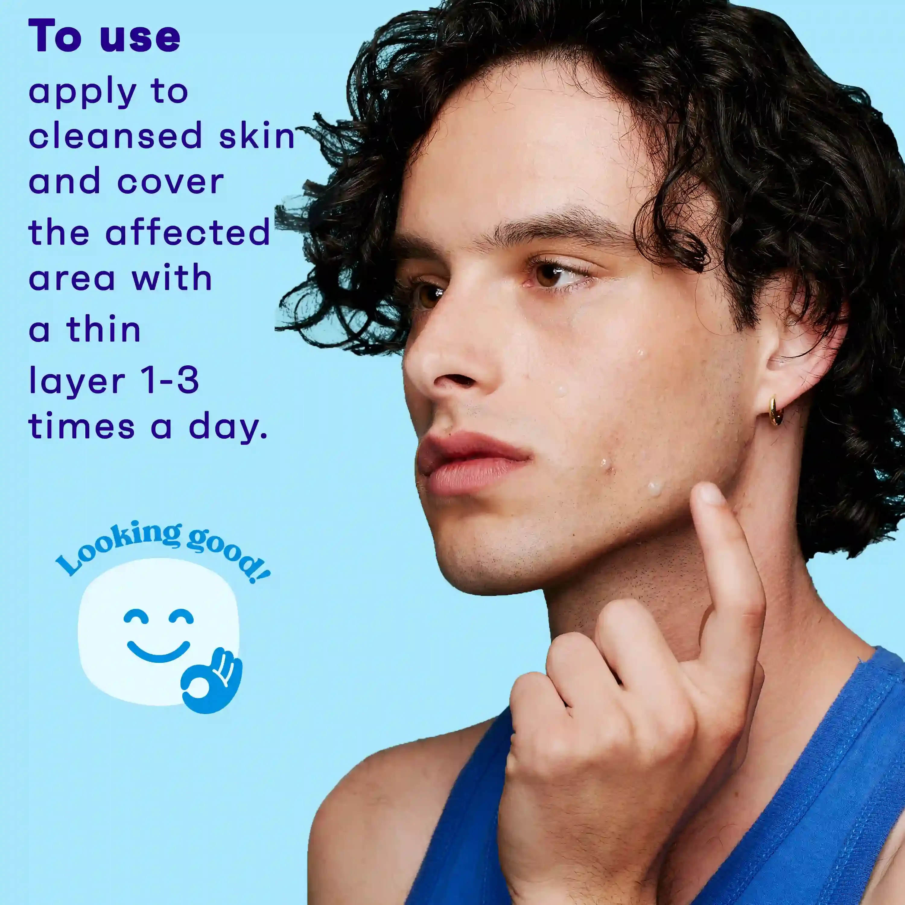 Person applying acne spot treatment to cleansed skin 1-3 times daily for clear complexion