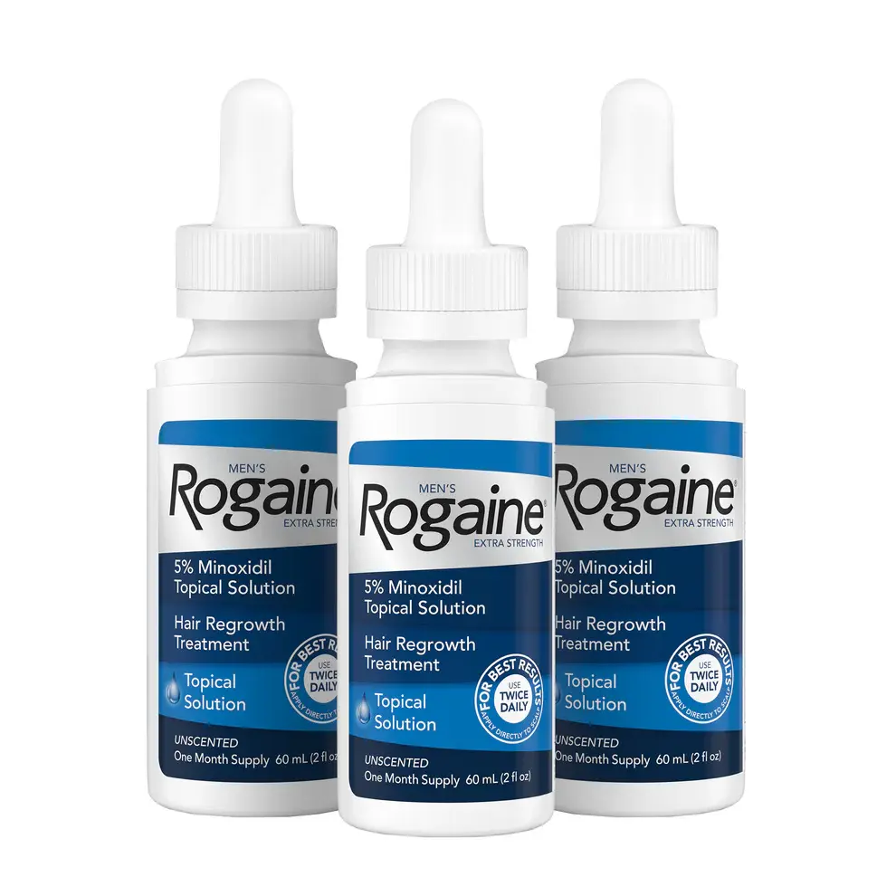 3-month supply of Men’s ROGAINE® Solution on a white background.