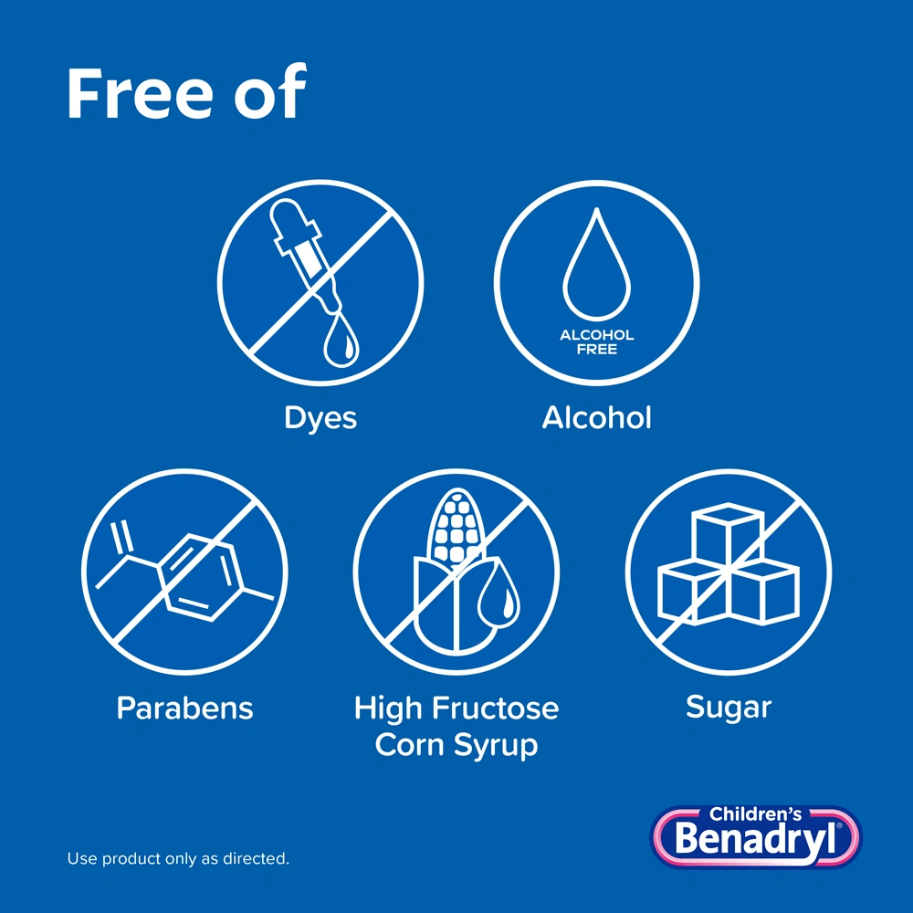 Children's Benadryl product label indicating it is free of dyes, alcohol, parabens, high fructose corn syrup, and sugar, with relevant icons.