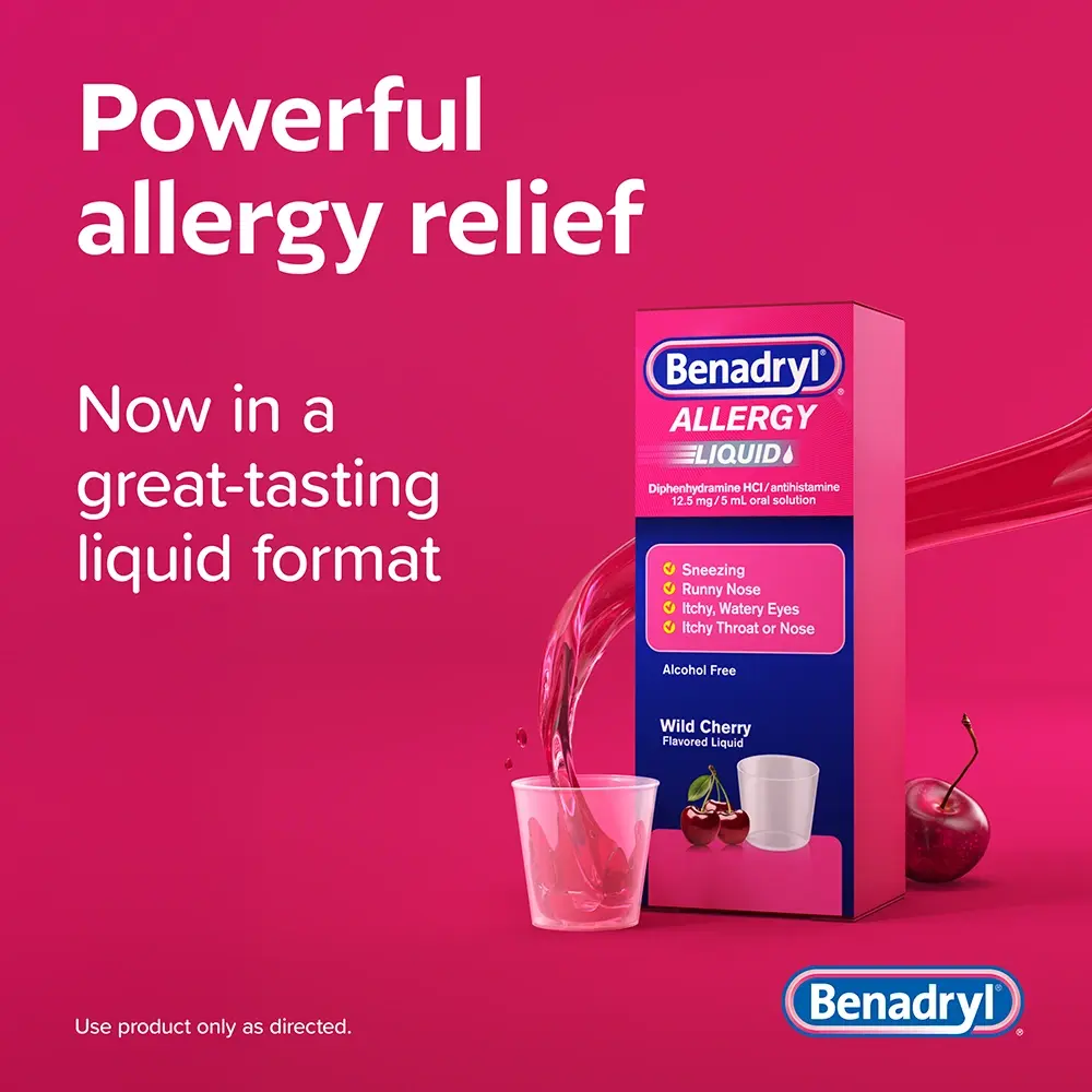 Benadryl liquid bottle showcasing, with text highlighting your powerful relief from allergy symptoms.