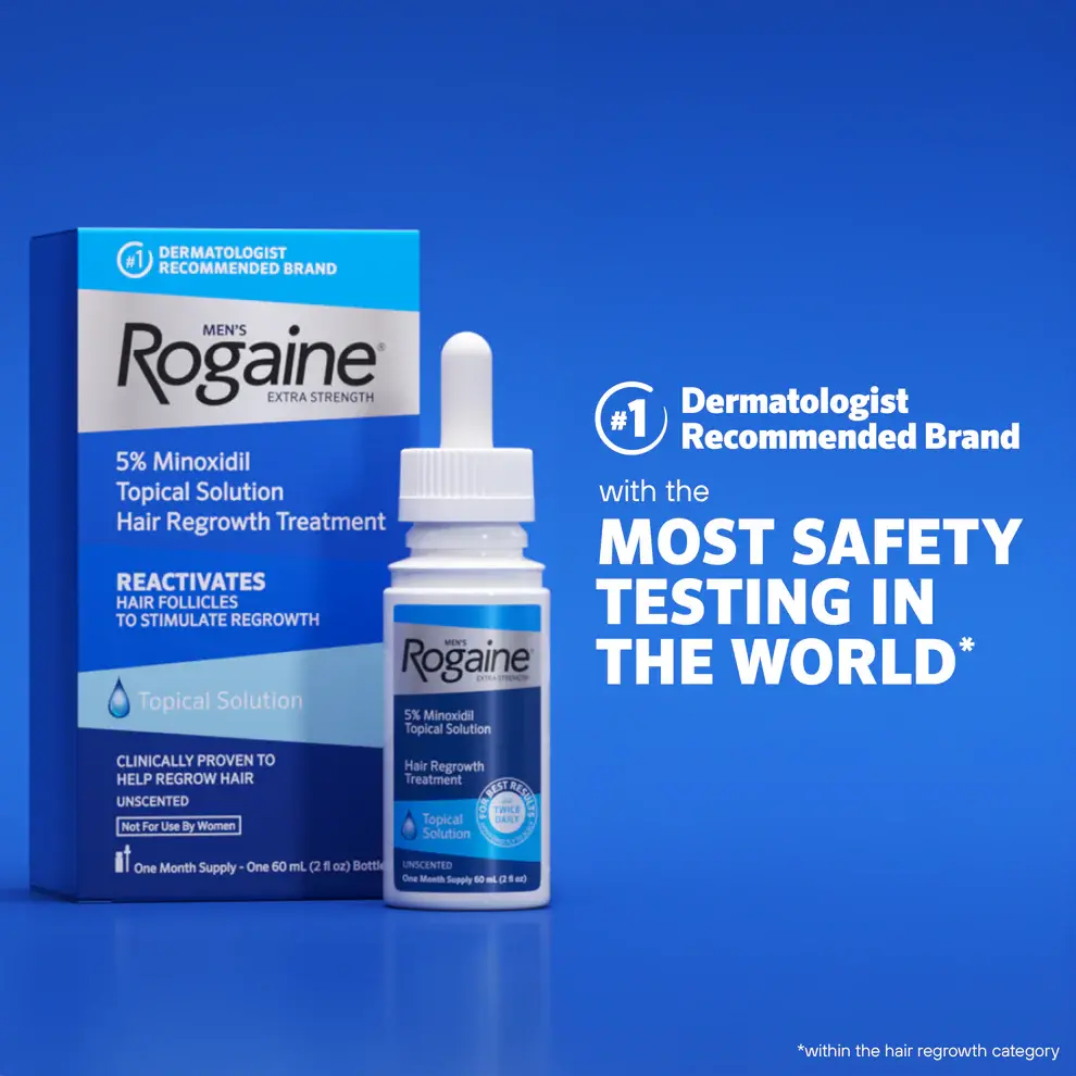 Bottle of Men’s ROGAINE® Solution and packaging on a blue background.