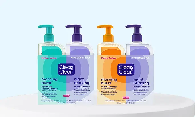 Clean & Clear® packaging of Morning Burst® Day & Night Cleanser 2-Pack and Morning Burst® Hydrating Day & Night Cleanser 2-Pack