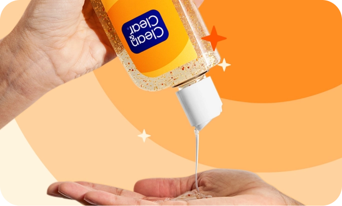 A bottle labeled "Clean & Clear" dispenses gel into a waiting palm, set against a vibrant orange backdrop with star-like shapes.