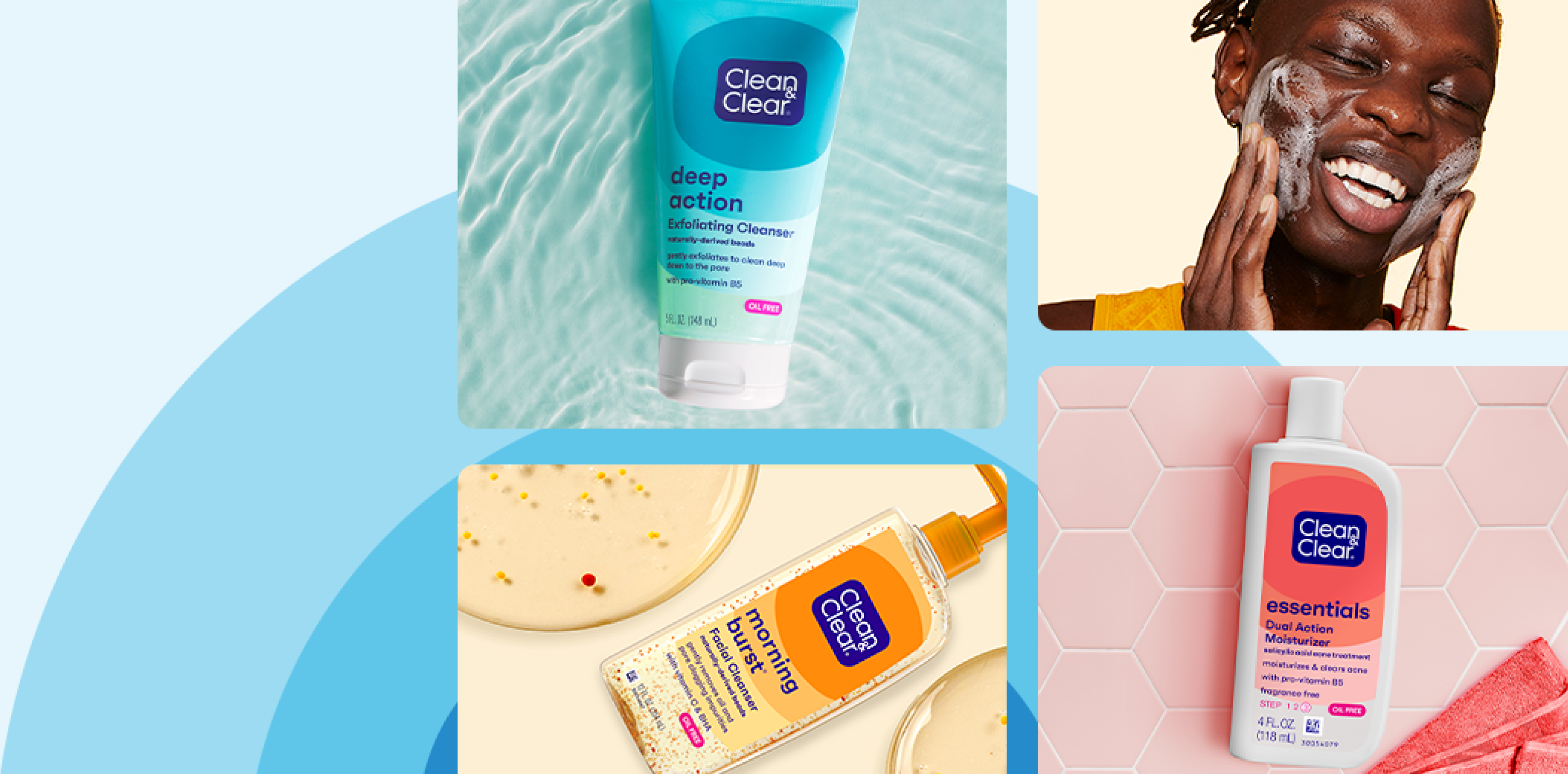 Three skincare products are displayed: "Clean & Clear Deep Action Exfoliating Cleanser," "Morning Burst Facial Cleanser," and "Essentials Dual Action Moisturizer." A person happily applies cleanser against a soft background.